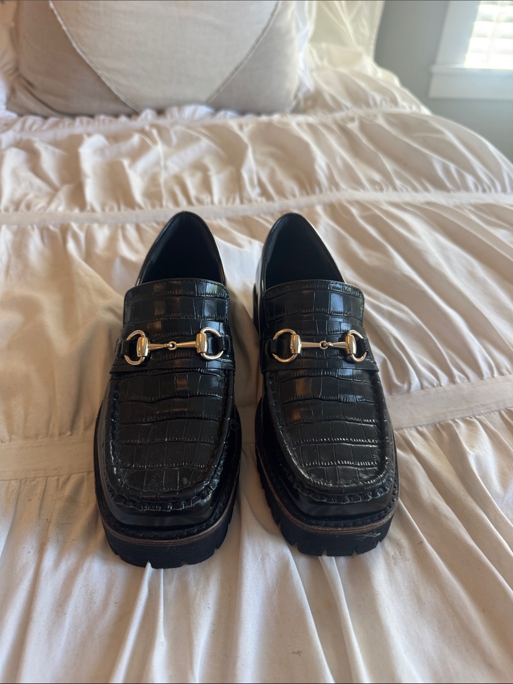 INTENTIONALLY BLANK Black Croc-Embossed Loafers with Gold Bit